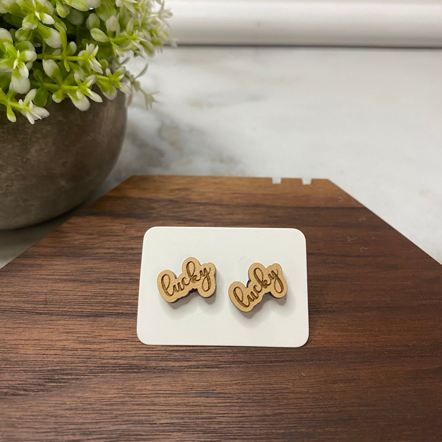 Wooden Stud Earrings - Lucky