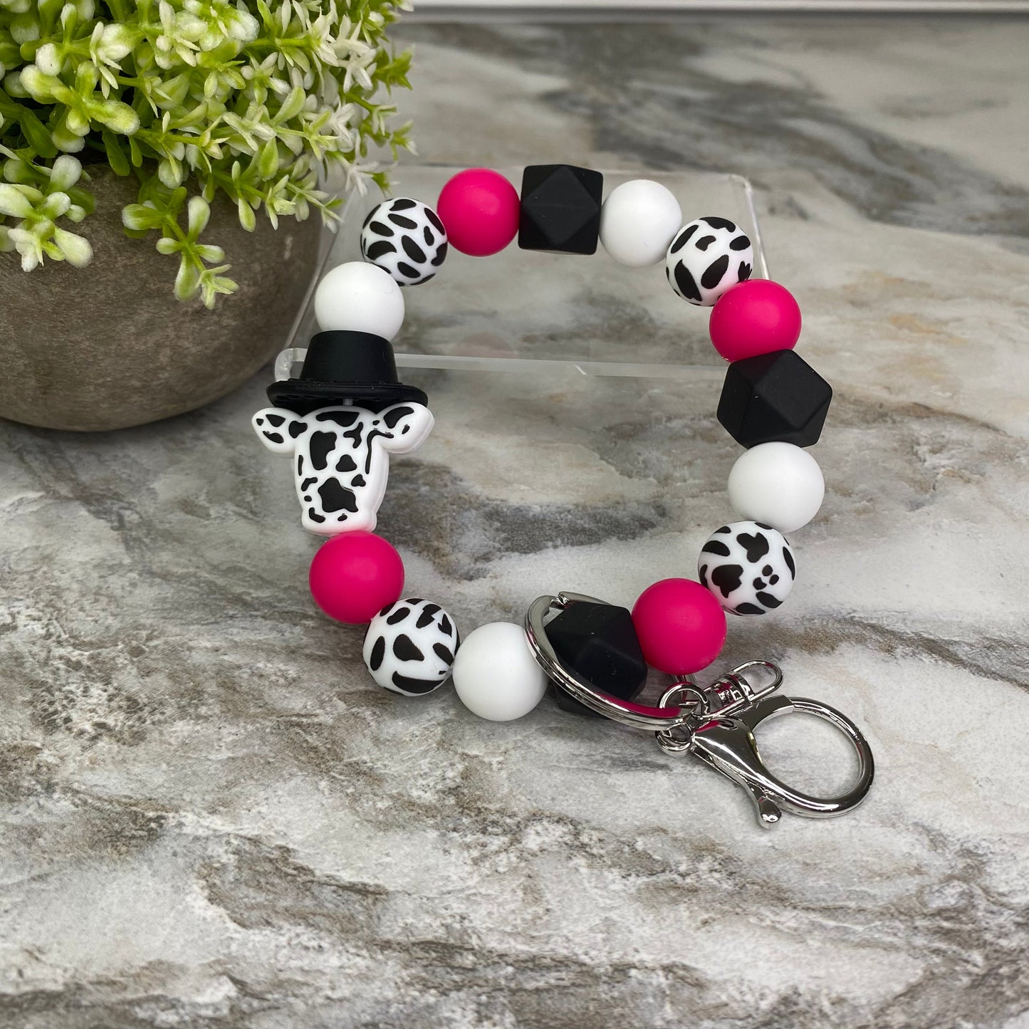 Silicone Bead Bracelet Keychain - Cow Designs