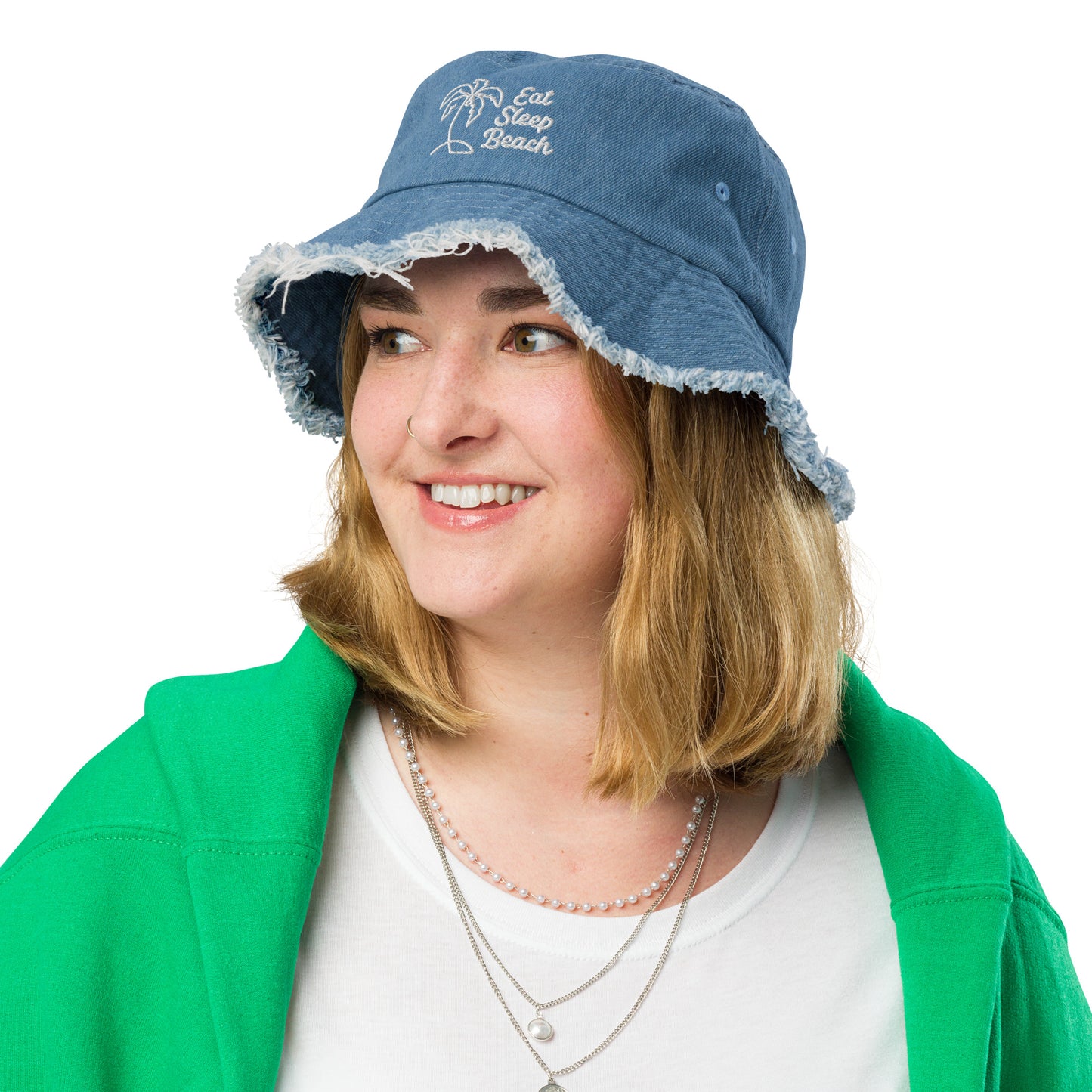 Eat Sleep Beach Distressed Denim Bucket Hat