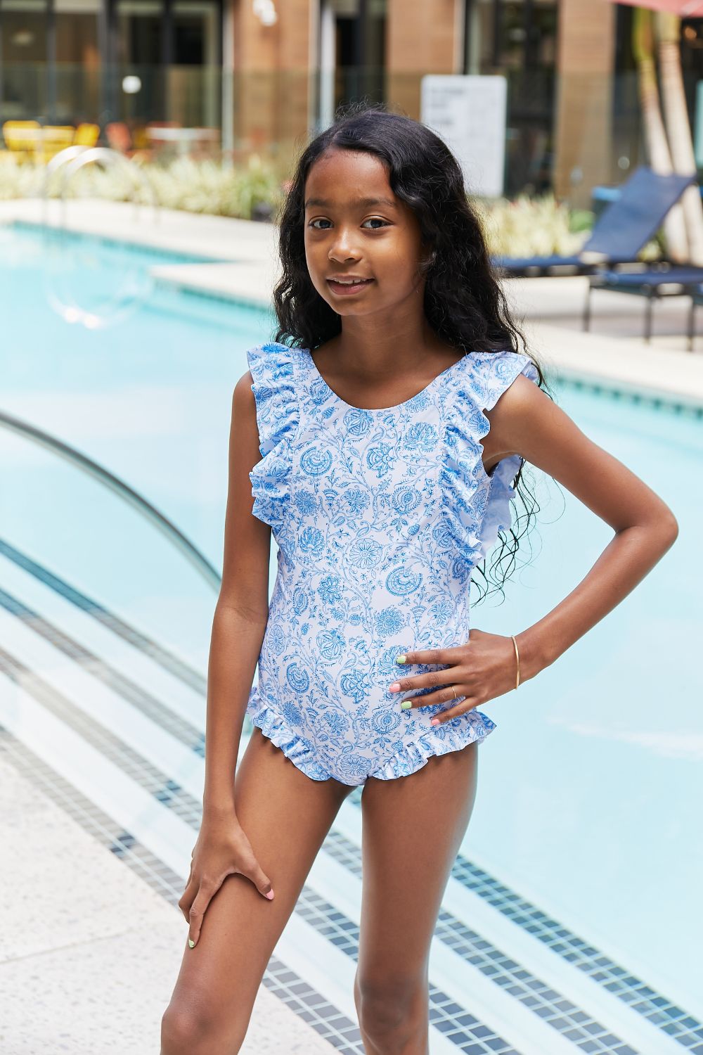 Marina West Swim Kids Bring Me Flowers V-Neck One Piece Swimsuit In Thistle Blue